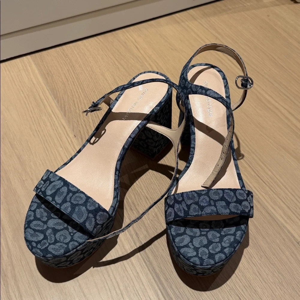Stuart Weitzman‎ Leopard Print Denim Platform Block Heel Sandals Size 9